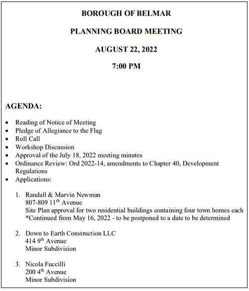 Planning Board Agenda for Monday, August 22, 2022 The Belmar Blog